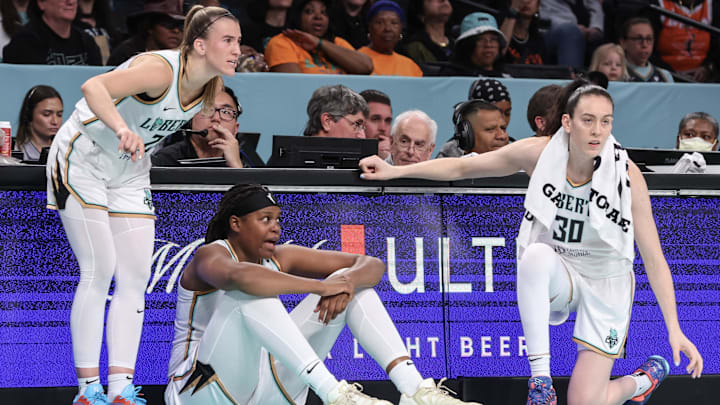 New York Liberty guard Sabrina Ionescu, center Jonquel Jones and forward Breanna Stewart. New York Liberty guard Sabrina Ionescu, center Jonquel Jones and forward Breanna Stewart.