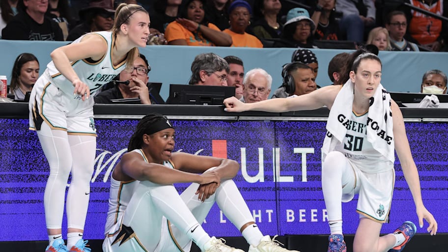 New York Liberty guard Sabrina Ionescu, center Jonquel Jones and  forward Breanna Stewart. | Wendell Cruz-Imagn Images
