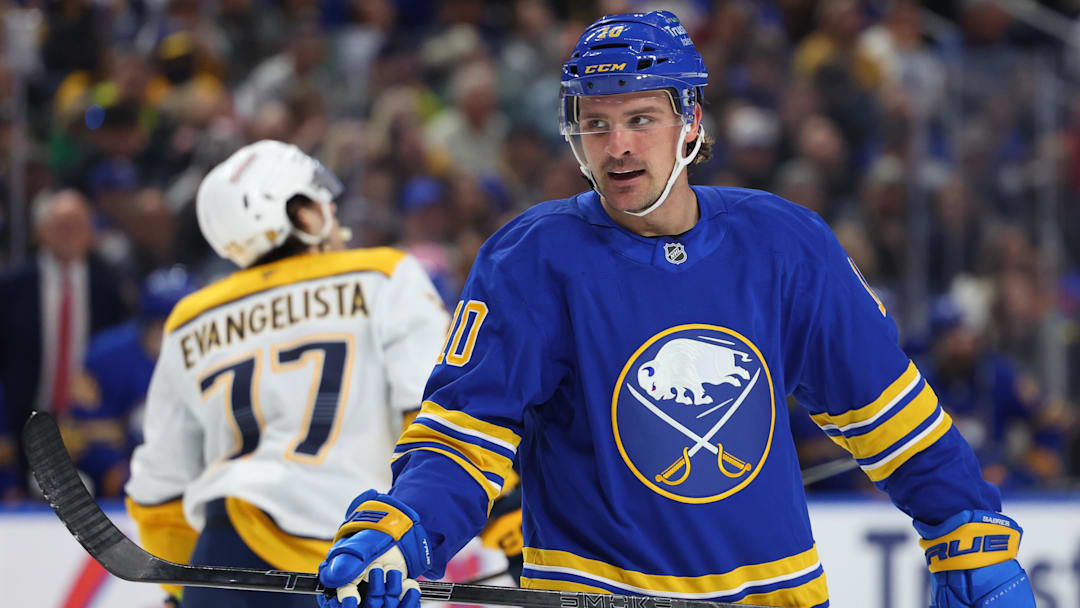 Mar 7, 2026; Buffalo, New York, USA;  Buffalo Sabres center Sam Carrick (10) during a stoppage in play against the Nashville Predators at KeyBank Center. Mandatory Credit: Timothy T. Ludwig-Imagn Images