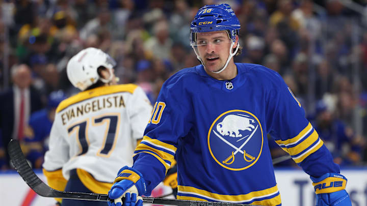 Mar 7, 2026; Buffalo, New York, USA;  Buffalo Sabres center Sam Carrick (10) during a stoppage in play against the Nashville Predators at KeyBank Center. Mandatory Credit: Timothy T. Ludwig-Imagn Images