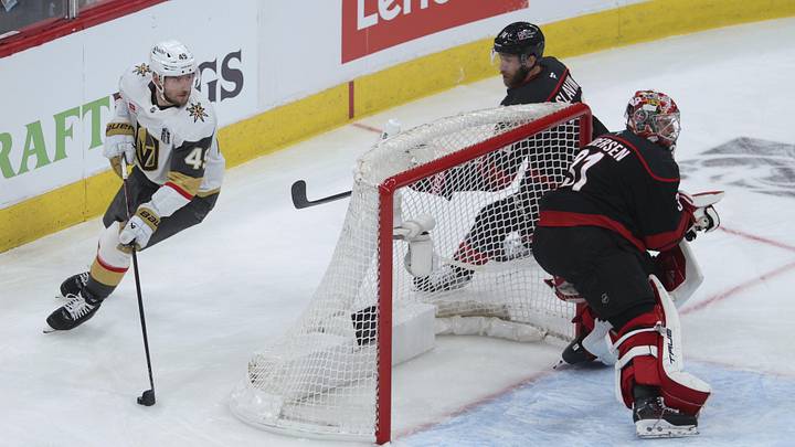 Jun 2, 2026; Raleigh, North Carolina, USA; Vegas Golden Knights left wing Ivan Barbashev (49) skates with the puck during the first period against the Carolina Hurricanes in game one of the 2026 Stanley Cup Final at Lenovo Center. Mandatory Credit: Nathan Ray Seebeck-Imagn Images