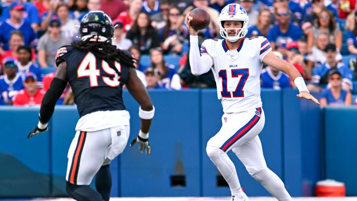 Bears linebacker Tremaine Edmunds gives pursuit to his former teammate, Bills QB Josh Allen in Chicago's preseason win.