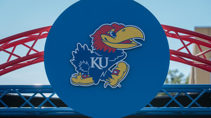Kansas Jayhawks logo at entrance to the field prior to the game