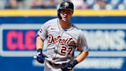 Jul 6, 2025; Cleveland, Ohio, USA; Detroit Tigers shortstop Trey Sweeney (27) rounds the bases after hitting a home run during the tenth inning against the Cleveland Guardians at Progressive Field. 
