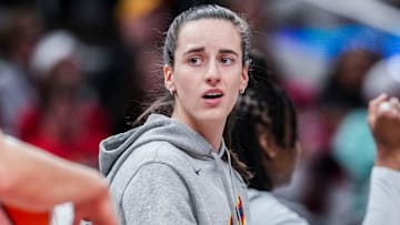 Indiana Fever Caitlin Clark (22) reacts to a call Saturday, May 3, 2025, during a preseason game between the Indiana Fever and the Washington Mystics at Gainbridge Fieldhouse in Indianapolis.