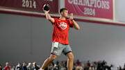 Ohio State Buckeyes quarterback Will Howard throws during the pro day for NFL scouts at the Woody Hayes Athletic Center on March 26, 2025.