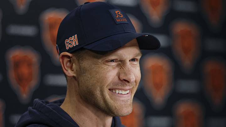 May 9, 2025; Lake Forest, IL, USA; Chicago Bears head coach Ben Johnson (R) speaks during the Rookie Minicamp at Halas Hall.