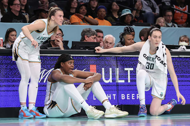 New York Liberty guard Sabrina Ionescu, center Jonquel Jones and  forward Breanna Stewart.