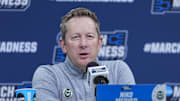 Mar 20, 2024; Charlotte, NC, USA; Colorado State Rams head coach Niko Medved speaks to the media during the NCAA first round practice session at Spectrum Center. Mandatory Credit: Jim Dedmon-Imagn Images