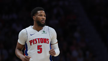 Mar 19, 2025; Miami, Florida, USA; Detroit Pistons guard Malik Beasley (5) looks on against the Miami Heat during the fourth quarter at Kaseya Center. Mandatory Credit: Sam Navarro-Imagn Images