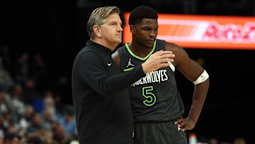 Nov 26, 2023; Memphis, Tennessee, USA; Minnesota Timberwolves head coach Chris Finch talks with Minnesota Timberwolves guard Anthony Edwards (5) during the first half against the Memphis Grizzlies at FedExForum. Mandatory Credit: Petre Thomas-Imagn Images