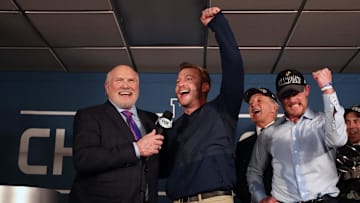 Jan 20, 2019; New Orleans, LA, USA; Los Angeles Rams head coach Sean McVay celebrates in the locker room with general manager Les Snead while interview by Fox sports reporter Terry Bradshaw after a victory in the NFC Championship game against the New Orleans Saints at Mercedes-Benz Superdome. Mandatory Credit: Matthew Emmons-Imagn Images