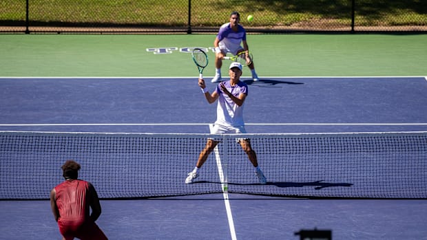 TCU's Lui Maxted and Pedro Vives in their doubles match against Oklahoma