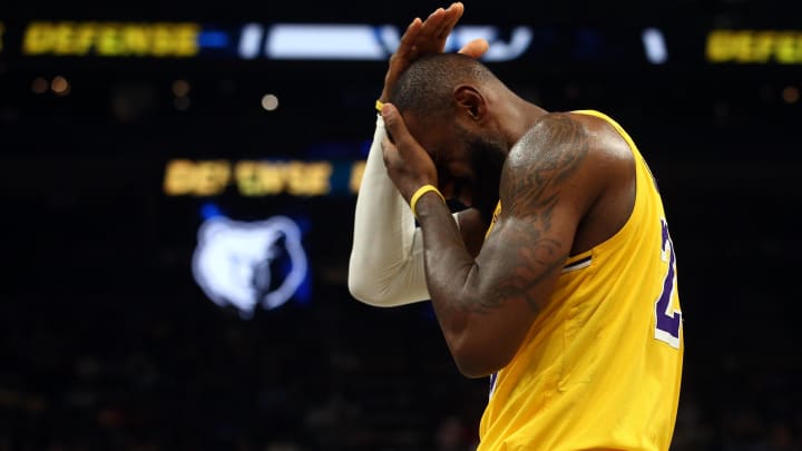 Los Angeles forward LeBron James reacts after a play in the Lakers' 123-120 win over the Memphis Grizzlies.