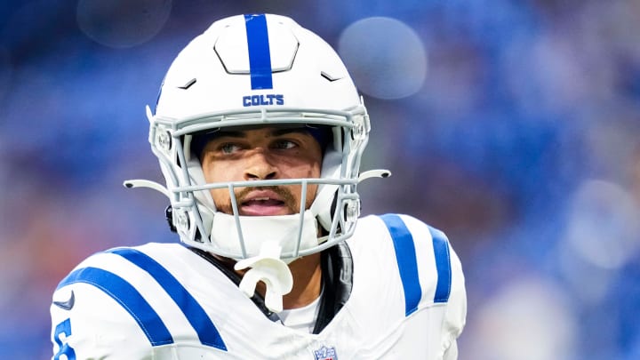 Indianapolis Colts wide receiver Anthony Gould (6) carries the ball in warmups Saturday, Aug. 17, 2024, before a preseason game between the Indianapolis Colts and the Arizona Cardinals at Lucas Oil Stadium in Indianapolis.