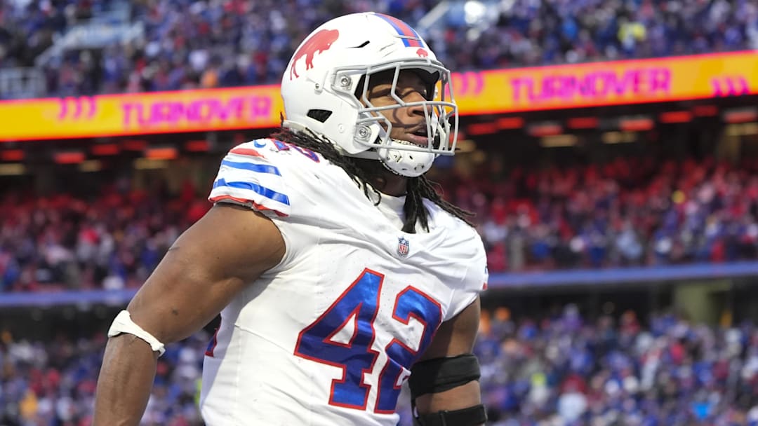 Nov 16, 2025; Orchard Park, New York, USA;  Buffalo Bills linebacker Dorian Williams (42) celebrates recovering a touchdown against the Tampa Bay Buccaneers during the second half of the game at Highmark Stadium. Mandatory Credit: Gregory Fisher-Imagn Images