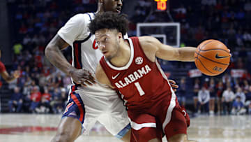 Feb 28, 2024; Oxford, Mississippi, USA; Alabama Crimson Tide guard Mark Sears (1) drives to the rim against Ole Miss. 