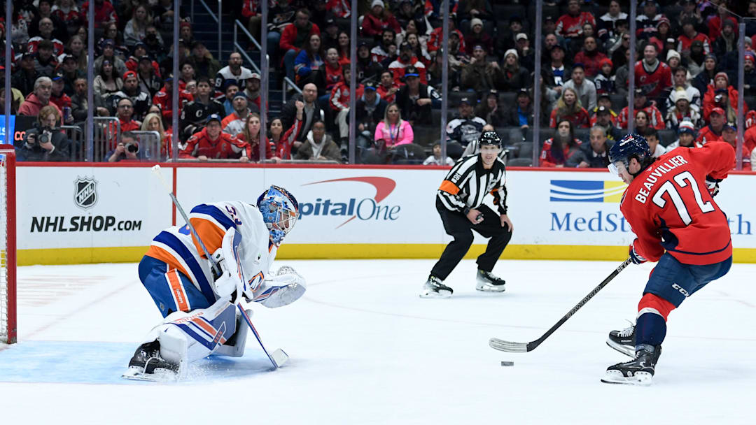 Feb 2, 2026; Washington, District of Columbia, USA; New York Islanders goaltender David Rittich (33) defends the net against Washington Capitals left wing Anthony Beauvillier (72) during the first period at Capital One Arena. Mandatory Credit: Hannah Foslien-Imagn Images
