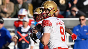 Nov 8, 2025; Chestnut Hill, Massachusetts, USA; Boston College Eagles quarterback Dylan Lonergan (9) looks to pass the ball during the second half against the Southern Methodist University Mustangs at Alumni Stadium. Mandatory Credit: Eric Canha-Imagn Images