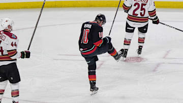 Luke Henman of the Coachella Valley Firebirds celebrates a goal during their win over the Tuscon Roadrunners at Acrisure Arena in Palm Desert, Calif., Feb. 19, 2025.