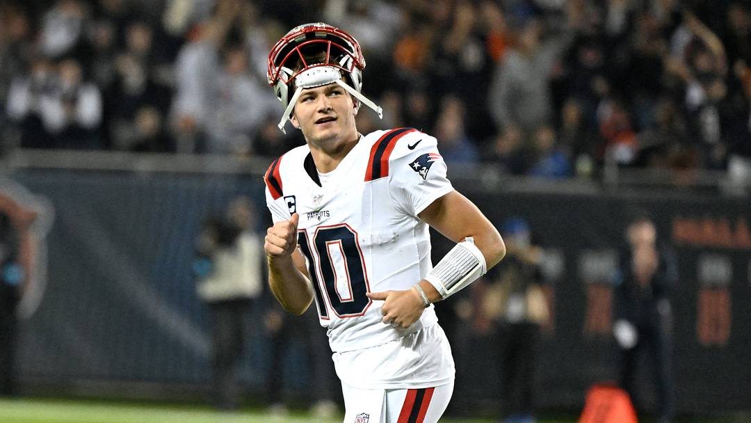 Oct 22, 2026; Chicago, Illinois, USA;  New England Patriots quarterback Drake Maye (10) reacts after a Chicago Bears interception in the endzone during the first half s at Soldier Field.  Mandatory Credit: Matt Marton-Imagn Images