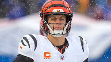 Cincinnati Bengals quarterback Joe Burrow (9) leads the team onto the field for the first quarter of the NFL Week 14 game between the Buffalo Bills and the Cincinnati Bengals at Highmark Stadium in Orchard Park, N.Y., on Sunday, Dec. 7, 2025.