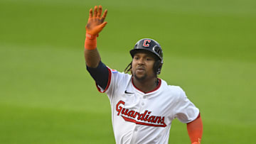 Sep 9, 2025; Cleveland, Ohio, USA; Cleveland Guardians third baseman Jose Ramirez (11) celebrates his solo home run in the first inning against the Kansas City Royals at Progressive Field. Mandatory Credit: David Richard-Imagn Images