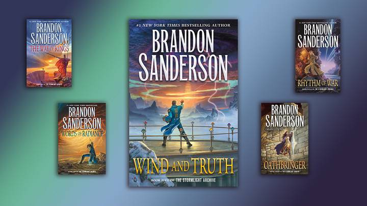 The Stormlight Archive by Brandon Sanderson, with Wind and Truth front and center.