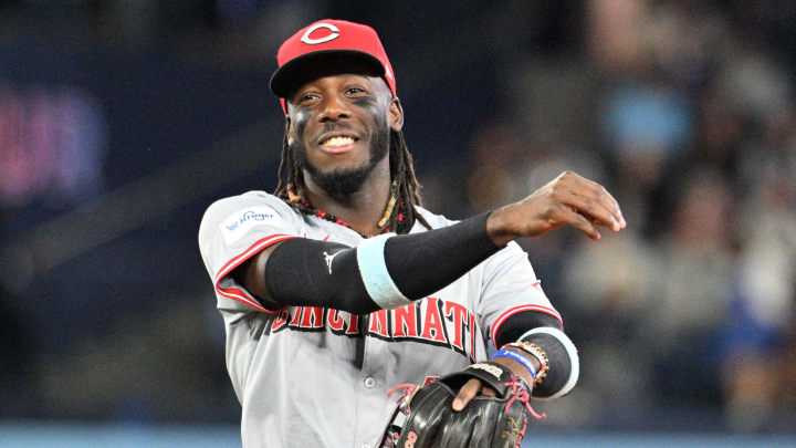 Cincinnati Reds shortstop Elly De La Cruz (44) smiles as he takes the field for the ninth inning against the Toronto Blue Jays at Rogers Centre on Aug 19.