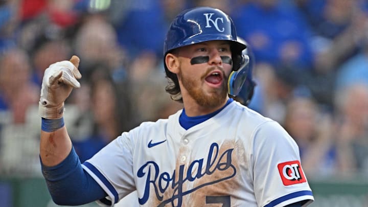 May 5, 2025; Kansas City, Missouri, USA;  Kansas City Royals shortstop Bobby Witt Jr. (7) reacts after scoring a run in the fourth inning against the Chicago White Sox at Kauffman Stadium. Mandatory Credit: Peter Aiken-Imagn Images