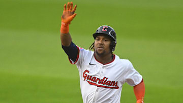 Sep 9, 2025; Cleveland, Ohio, USA; Cleveland Guardians third baseman Jose Ramirez (11) celebrates his solo home run in the first inning against the Kansas City Royals at Progressive Field. Mandatory Credit: David Richard-Imagn Images