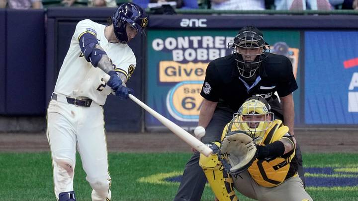 Milwaukee Brewers second baseman Brice Turang (2) hits an RBI double during the second inning of their game against the San Diego Padres Thursday, May 14, 2026 at American Family Field in Milwaukee, Wisconsin.