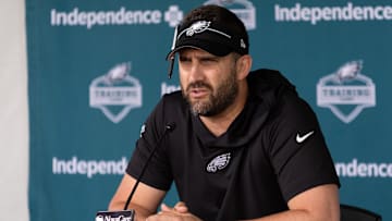 Aug 3, 2023; Philadelphia, PA, USA; Philadelphia Eagles head coach Nick Sirianni speaks with the media before practice at Novacare Complex. Mandatory Credit: Bill Streicher-Imagn Images
