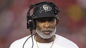 Sep 12, 2025; Houston, Texas, USA; Colorado Buffaloes head coach Deion Sanders looks on from the sideline during the first half against the Houston Cougars at TDECU Stadium. Mandatory Credit: Troy Taormina-Imagn Images