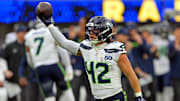 Nov 16, 2025; Inglewood, California, USA; Seattle Seahawks linebacker Drake Thomas (42) celebratesl after recovering a fumble during the second half against the Los Angeles Rams at SoFi Stadium. Mandatory Credit: Jayne Kamin-Oncea-Imagn Images