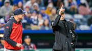 Apr 7, 2025; Kansas City, Missouri, USA; Minnesota Twins manager Rocco Baldelli is ejected from the game during the sixth inning against the Kansas City Royals at Kauffman Stadium. Mandatory Credit: William Purnell-Imagn Images
