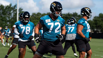 Jacksonville Jaguars offensive tackle Walker Little (72) stretches during the Jacksonville Jaguars’ third mandatory minicamp Thursday June 12, 2025 at the Miller Electric Center in Jacksonville, Fla. [Doug Engle/Florida Times-Union]