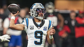 Jan 5, 2025; Atlanta, Georgia, USA; Carolina Panthers quarterback Bryce Young (9) passes against the Atlanta Falcons during the first half at Mercedes-Benz Stadium. Mandatory Credit: Dale Zanine-Imagn Images