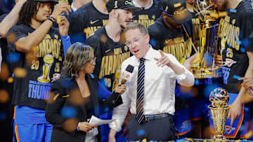 Jun 22, 2025; Oklahoma City, Oklahoma, USA; Oklahoma City Thunder general manager Sam Presti speaks during the championship ceremony after his team defeated the Indiana Pacers in game seven of the 2025 NBA Finals at Paycom Center. Mandatory Credit: Alonzo Adams-Imagn Images