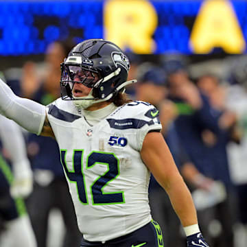 Nov 16, 2025; Inglewood, California, USA; Seattle Seahawks linebacker Drake Thomas (42) celebratesl after recovering a fumble during the second half against the Los Angeles Rams at SoFi Stadium. Mandatory Credit: Jayne Kamin-Oncea-Imagn Images