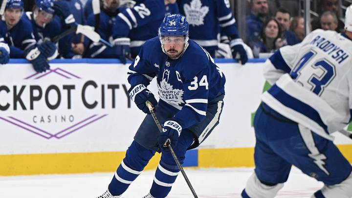 Mar 7, 2026; Toronto, Ontario, CAN;  Toronto Maple Leafs forward Auston Matthews (34) skates with the puck against the Tampa Bay Lightning in the first period at Scotiabank Arena. Mandatory Credit: Dan Hamilton-Imagn Images