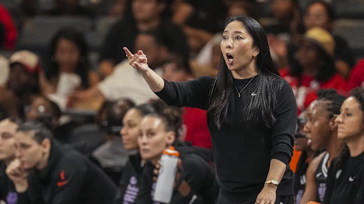 Golden State Valkyries head coach Natalie Nakase reacts on the bench during the game against the Atlanta Dream during the first half at Gateway Center Arena at College Park. Golden State Valkyries head coach Natalie Nakase reacts on the bench during the game against the Atlanta Dream during the first half at Gateway Center Arena at College Park.
