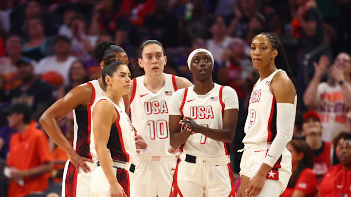 Jul 20, 2024; Phoenix, AZ, USA; USA Women's National Team guard Kelsey Plum (5), forward Breanna Stewart (10), guard Kahleah Copper (7) and forward A’ja Wilson (9) during the WNBA All Star game at Footprint Center. Mandatory Credit: Mark J. Rebilas-Imagn Images