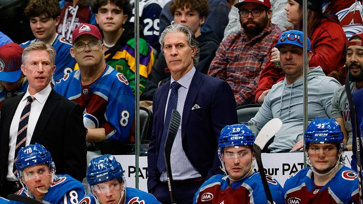 Jan 21, 2026; Denver, Colorado, USA; Colorado Avalanche head coach Jared Bednar looks on in the third period against the Anaheim Ducks at Ball Arena. Mandatory Credit: Isaiah J. Downing-Imagn Images
