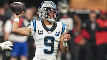 Carolina Panthers quarterback Bryce Young (9) passes against the Atlanta Falcons during the first half at Mercedes-Benz Stadium.