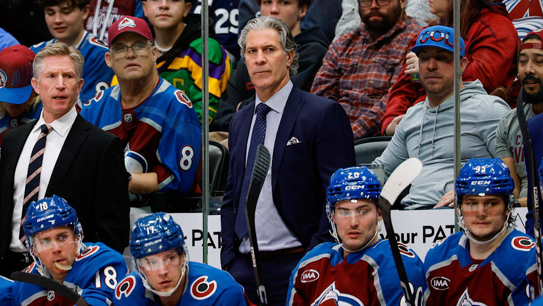 Jan 21, 2026; Denver, Colorado, USA; Colorado Avalanche head coach Jared Bednar looks on in the third period against the Anaheim Ducks at Ball Arena. Mandatory Credit: Isaiah J. Downing-Imagn Images