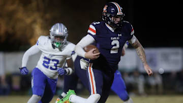 Nashville Christian's Jared Curtis (2) runs the ball during their game against Jackson Christian at Nashville Christian School Friday, Nov. 14, 2021.