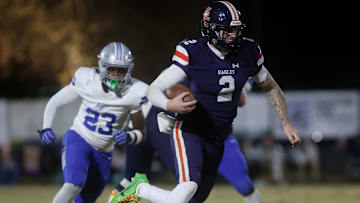 Nashville Christian's Jared Curtis (2) runs the ball during their game against Jackson Christian at Nashville Christian School Friday, Nov. 14, 2021.