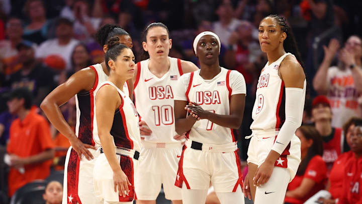 Jul 20, 2024; Phoenix, AZ, USA; USA Women's National Team guard Kelsey Plum (5), forward Breanna Stewart (10), guard Kahleah Copper (7) and forward A’ja Wilson (9) during the WNBA All Star game at Footprint Center. Mandatory Credit: Mark J. Rebilas-Imagn Images