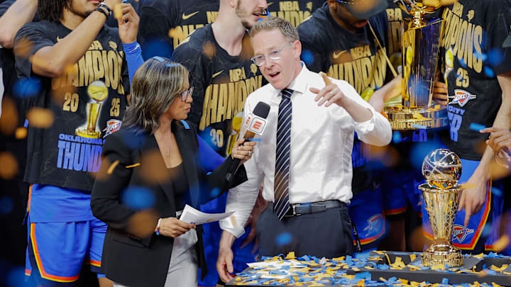 Jun 22, 2025; Oklahoma City, Oklahoma, USA; Oklahoma City Thunder general manager Sam Presti speaks during the championship ceremony after his team defeated the Indiana Pacers in game seven of the 2025 NBA Finals at Paycom Center. Mandatory Credit: Alonzo Adams-Imagn Images
